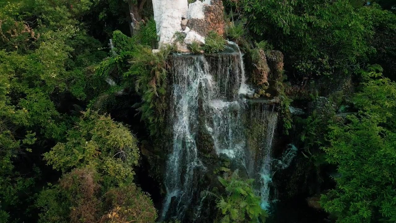 Piccola cascata che scende da una parete rocciosa in una lussureggiante foresta verde