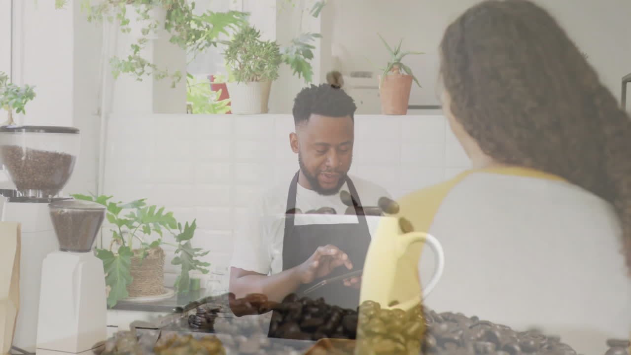 Barista tapping tablet, customer ordering coffee in business scene with floating beans icons