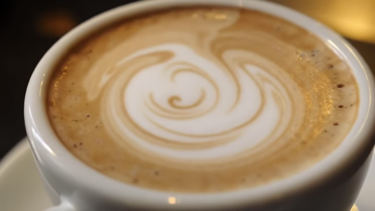 An Exquisite Close-Up of a Cup of Creamy Coffee with Captivating Swirls, Highlighting the Art of Brewed Beverages and the Texture of Frothed Milk