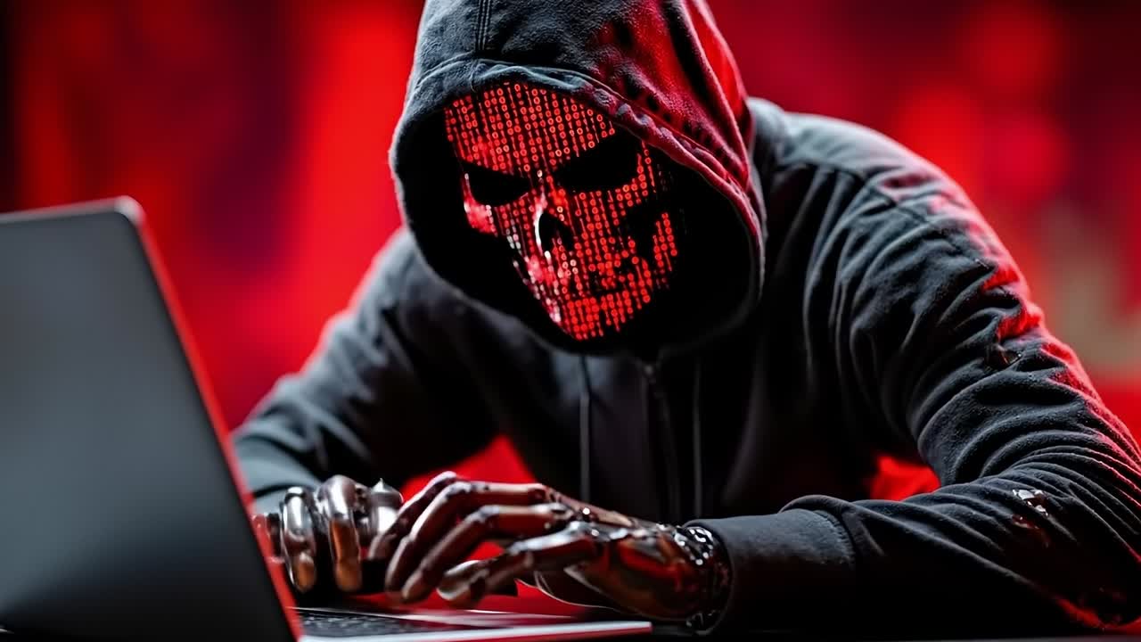 A person in a hoodie using a laptop computer with a skull mask on
