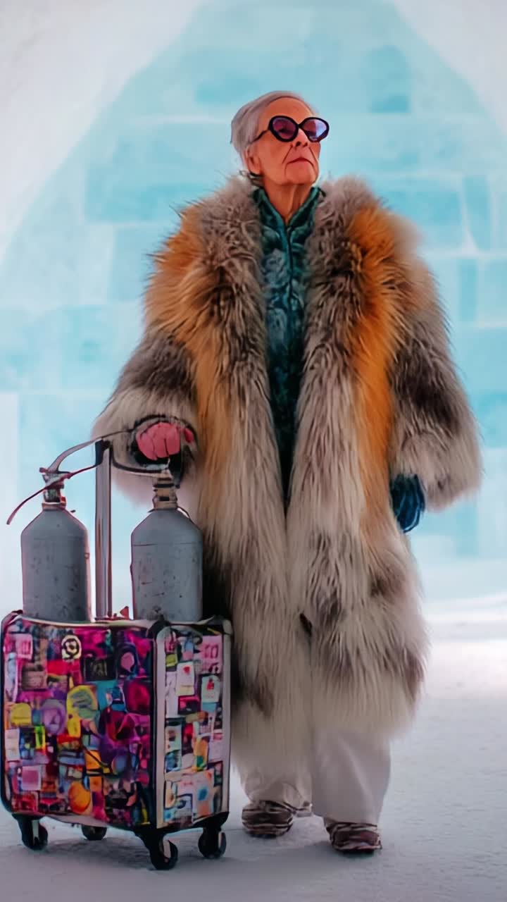 A Fashionable Elderly Woman in a Luxurious Fur Coat, Carrying a Colorful Suitcase with Gas Cylinders, Stands Confidently in a Frosty Blue Environment
