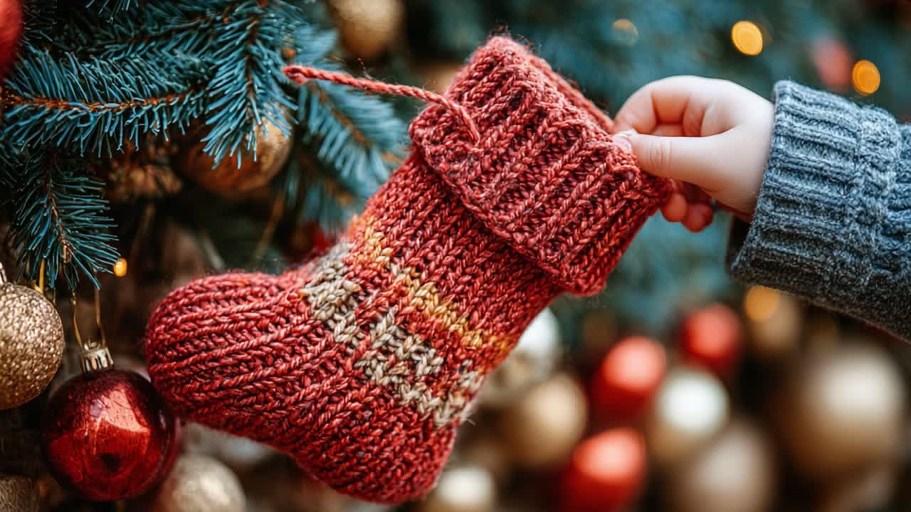A Cozy Holiday Scene Featuring a Hand Holding a Beautifully Knitted Christmas Stocking Decorated with Festive Colors and Sparkling Ornaments Nestled in a Lush Green Christmas Tree