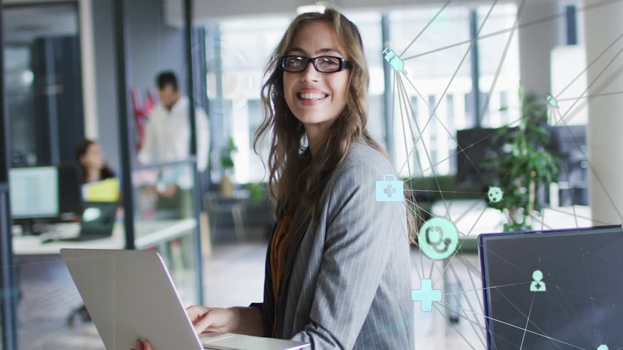 Woman typing laptop and glancing camera, generating digital health network icons for data display