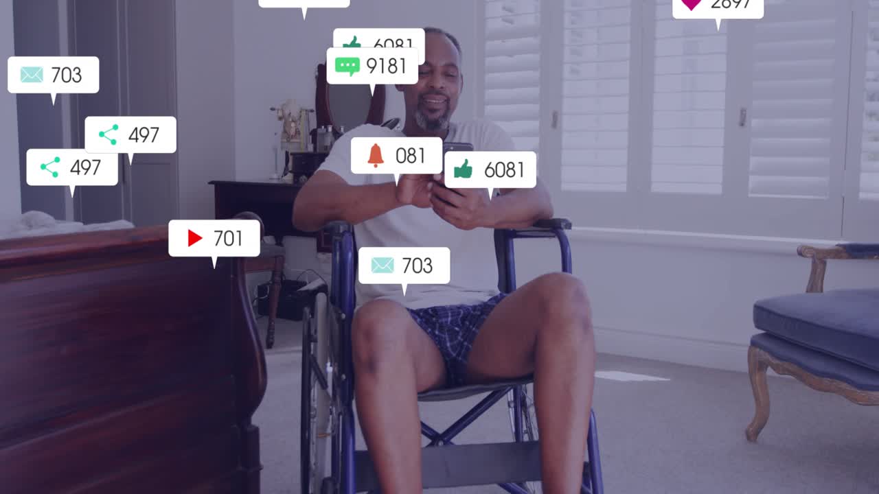 Mature man in wheelchair tapping smartphone screen, generating social media notification icons