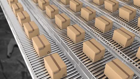 animation of cardboard boxes on conveyor belts over warehouse