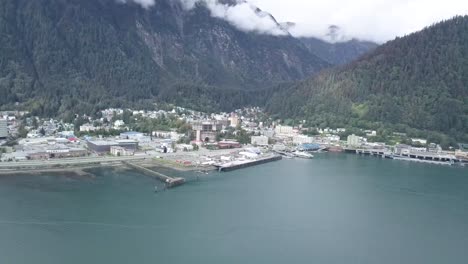 Juneau-Alaska,-Slow-Orbit,-Aerial-of-Docks,-and-Downtown