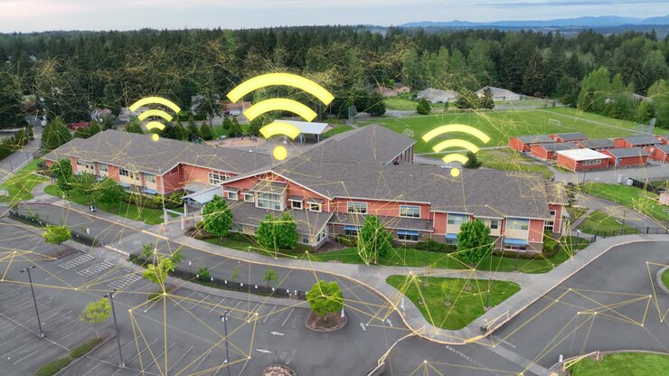 Animazione internet che circonda una scuola elementare, il cloud computing è ovunque
