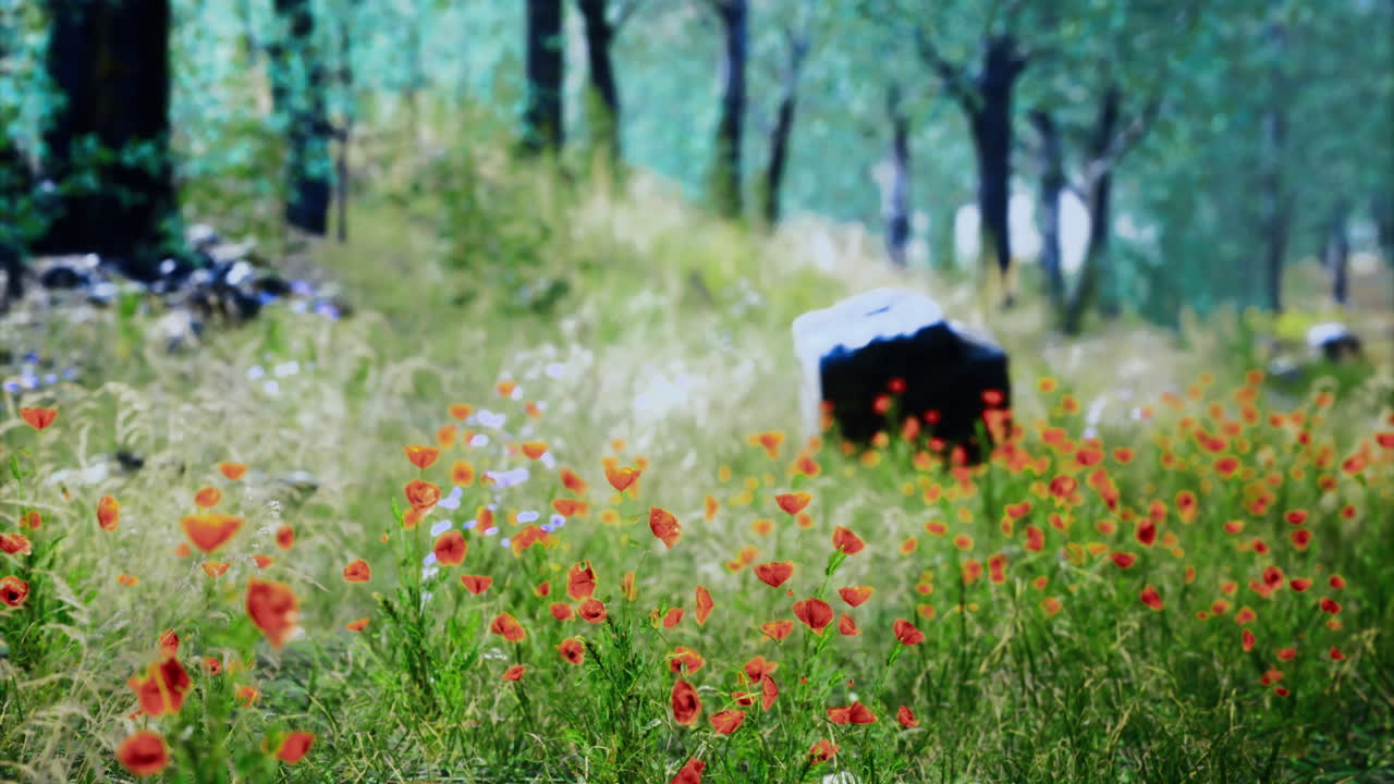 Bright red poppies bloom in a green meadow surrounded by trees
