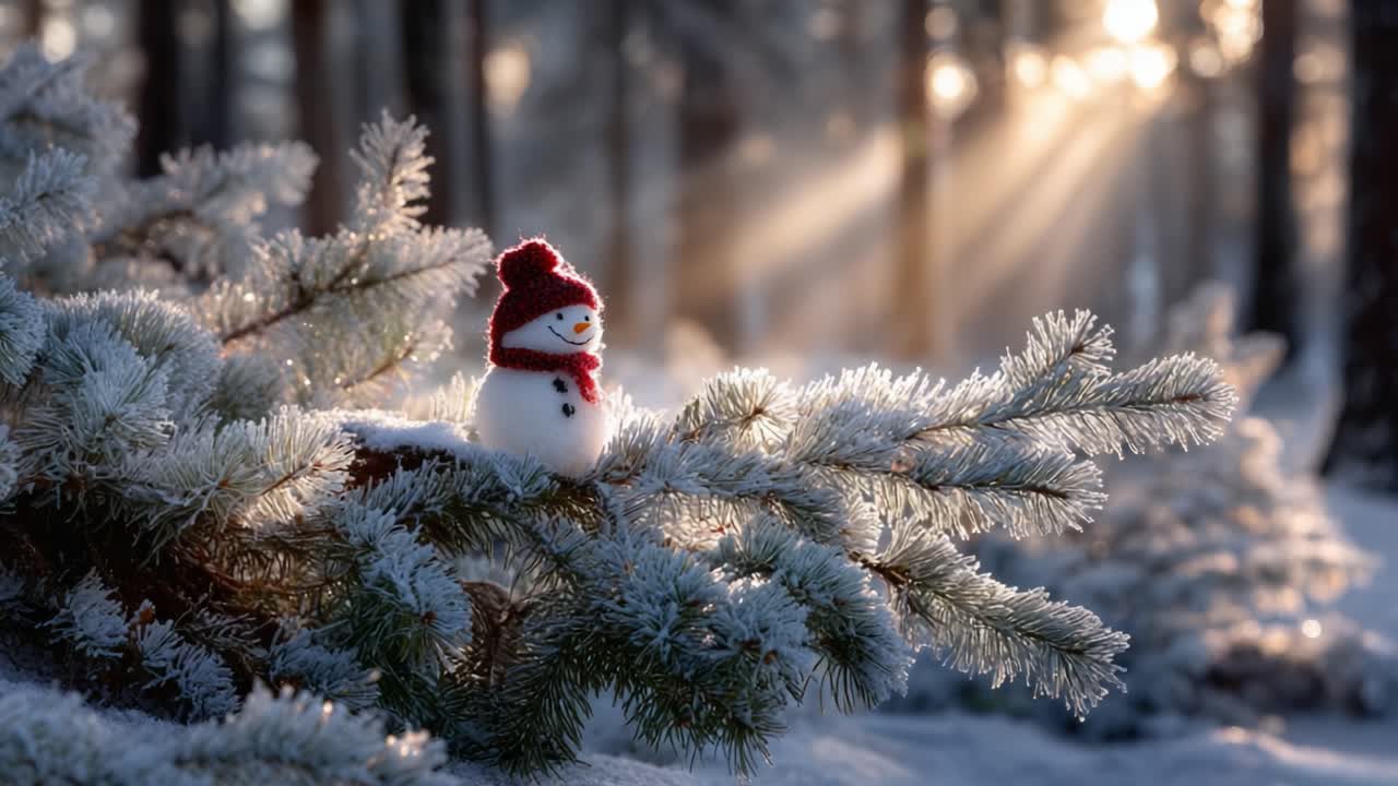 A Charming Snowman Nestled Among Frosted Pine Branches, Bathed in Ethereal Winter Light, Creates a Magical Holiday Atmosphere in the Enchanted Forest