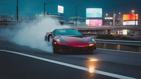 red sports car drifting on a highway at night