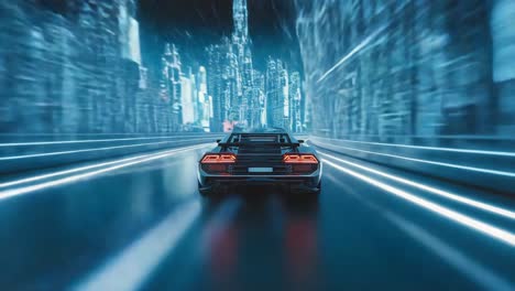 futuristic sports car speeding through a neon-lit cyberpunk city