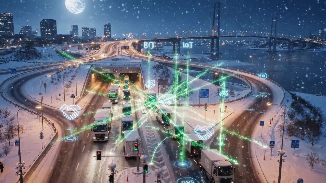 Una scena urbana invernale con strade innevate, flusso di traffico e sovrapposizioni di tecnologia avanzata, illuminate sotto un cielo lunare.