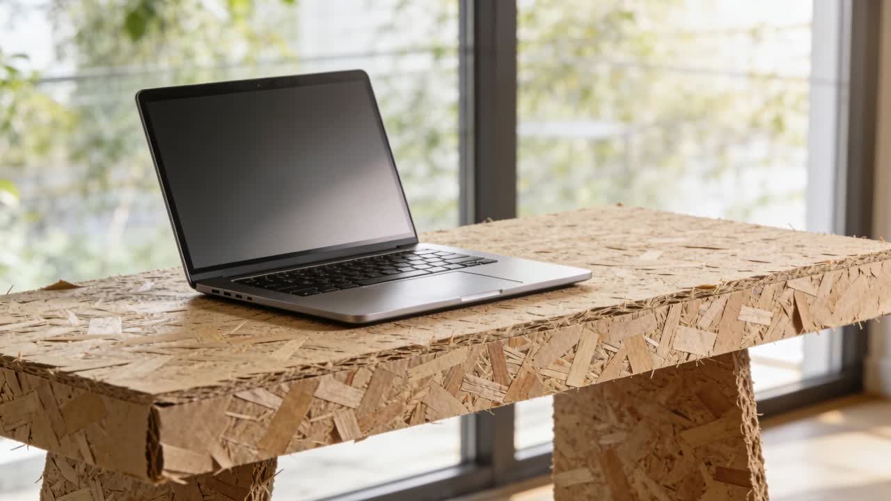 Shifting daylight warming via large window, camera moving, open laptop staying still on OSB table