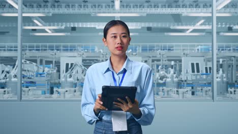 Asian Female Professional Worker Standing With Her Tablet at Factory Digitalization for Innovative Project, She Observes By Looking Around Before She Come To Concentrating With Her Tablet