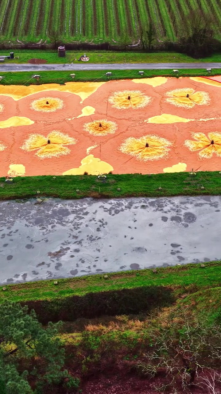 Vertical aerial view of a large floral land art display beside fields and water, showing colorful flower shapes in an outdoor landscape installation.
