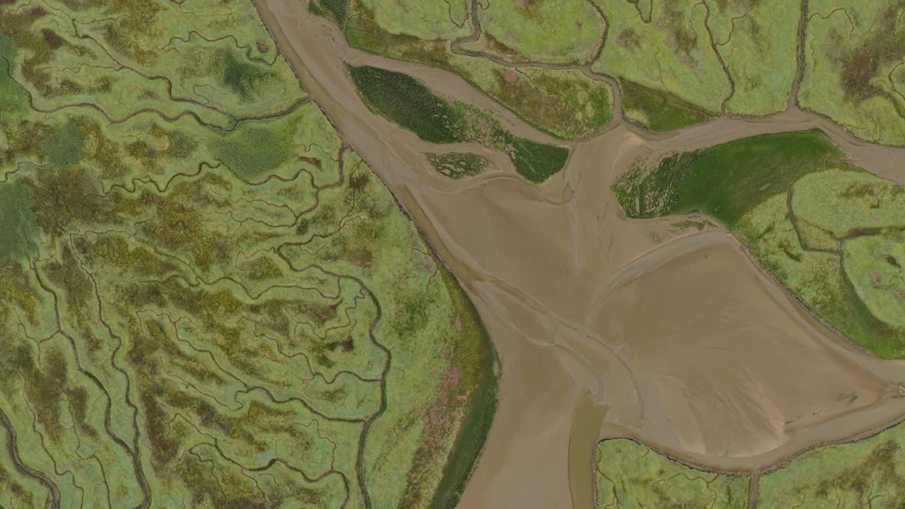 Reserva de Saeftinghe em Zeeland com vasto pântano e cursos d'água de maré, vista aérea.