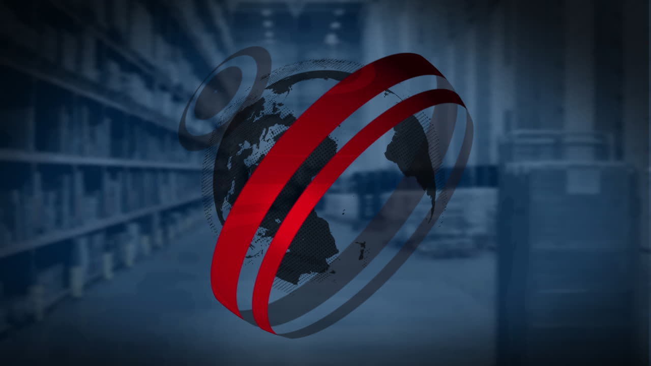 escáneres redondos y un globo girando contra el almacén en el fondo