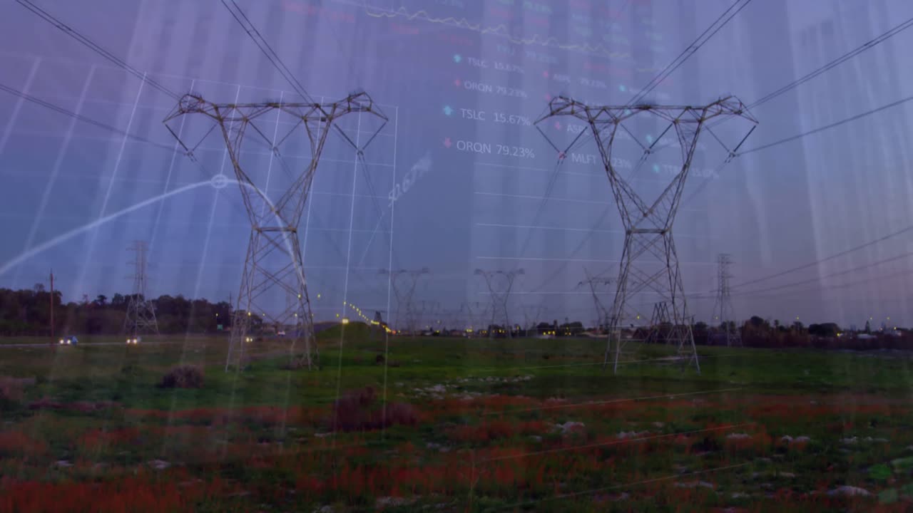 해가 지는 시간에 전기 기둥 위의 금융 그래프와 데이터의 애니메이션