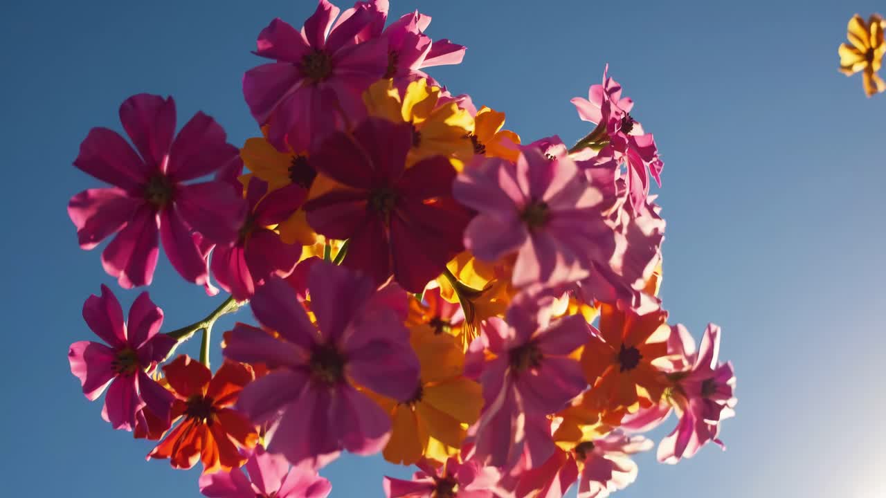 Low-angle video shot of vibrant pink and orange flowers against a clear blue sky, capturing a serene