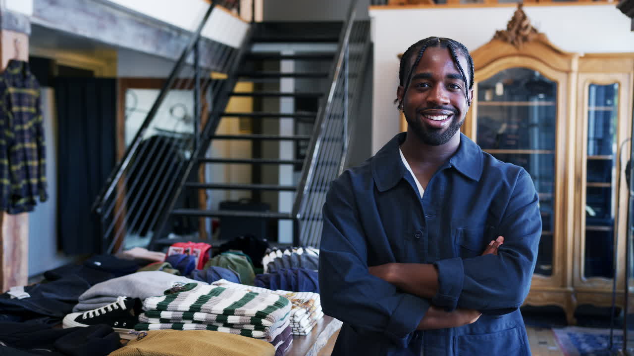 Ritratto del proprietario sorridente di un negozio di moda in piedi davanti a un espositore di abbigliamento.