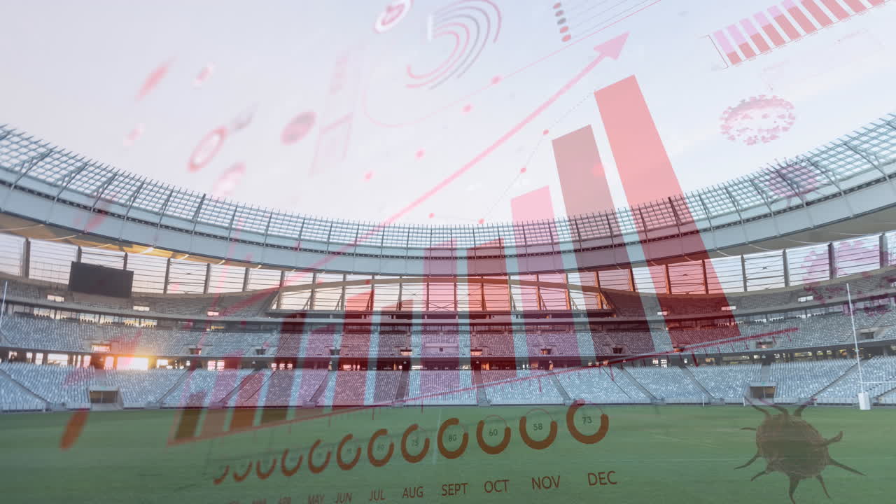 iconos del concepto de coronavirus contra un estadio deportivo vacío