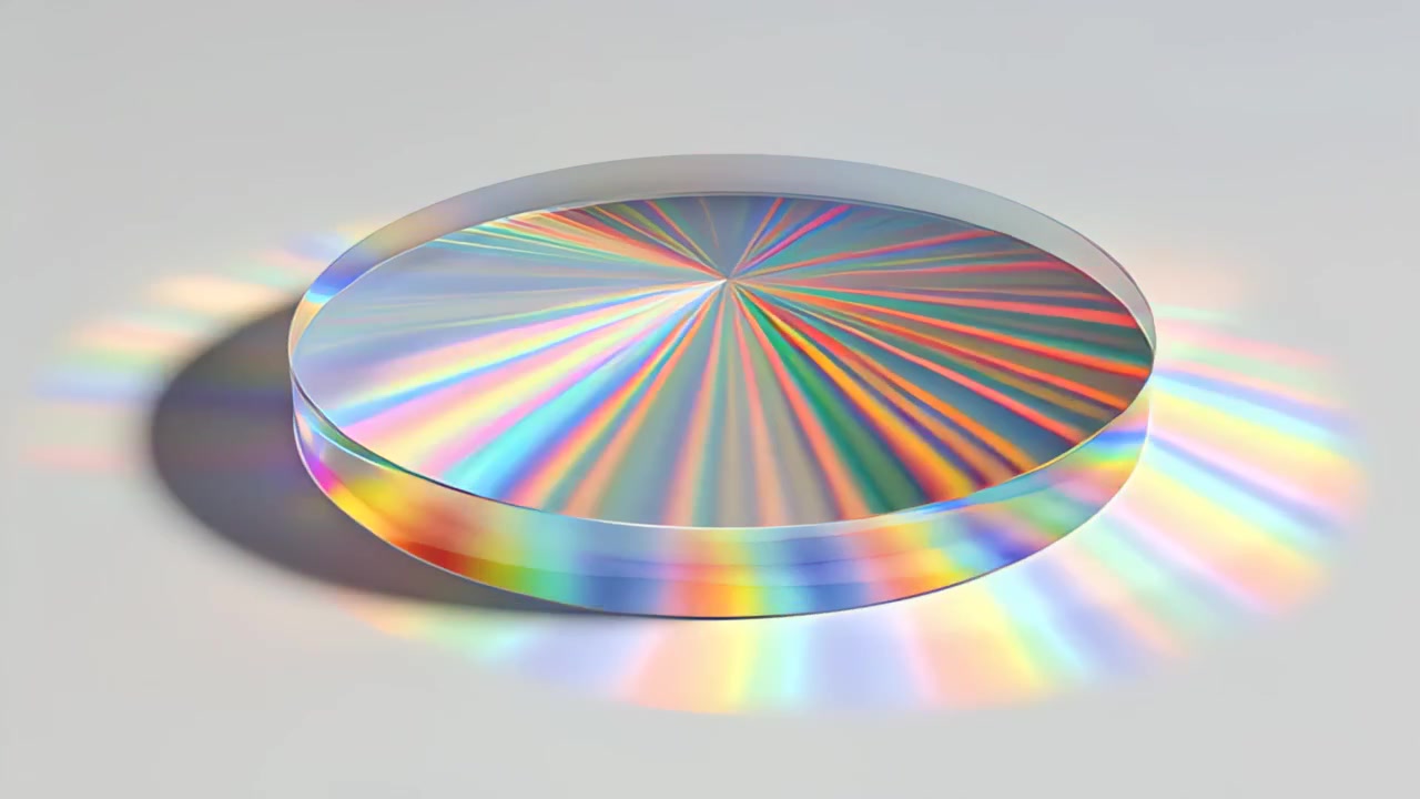 Abstract footage of a transparent glass prism disc rotating and splitting light into colorful spectrum rays on a clean white surface, concept for optics, science, and design
