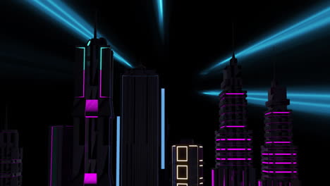 animation of video game screen with neon cityscape on black background