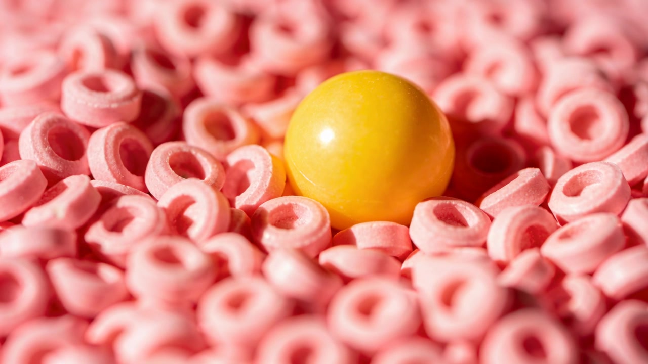 Spostamento della messa a fuoco della fotocamera che rivela una caramella sferica giallo brillante su un tavolo da studio in macro, con anelli rosa