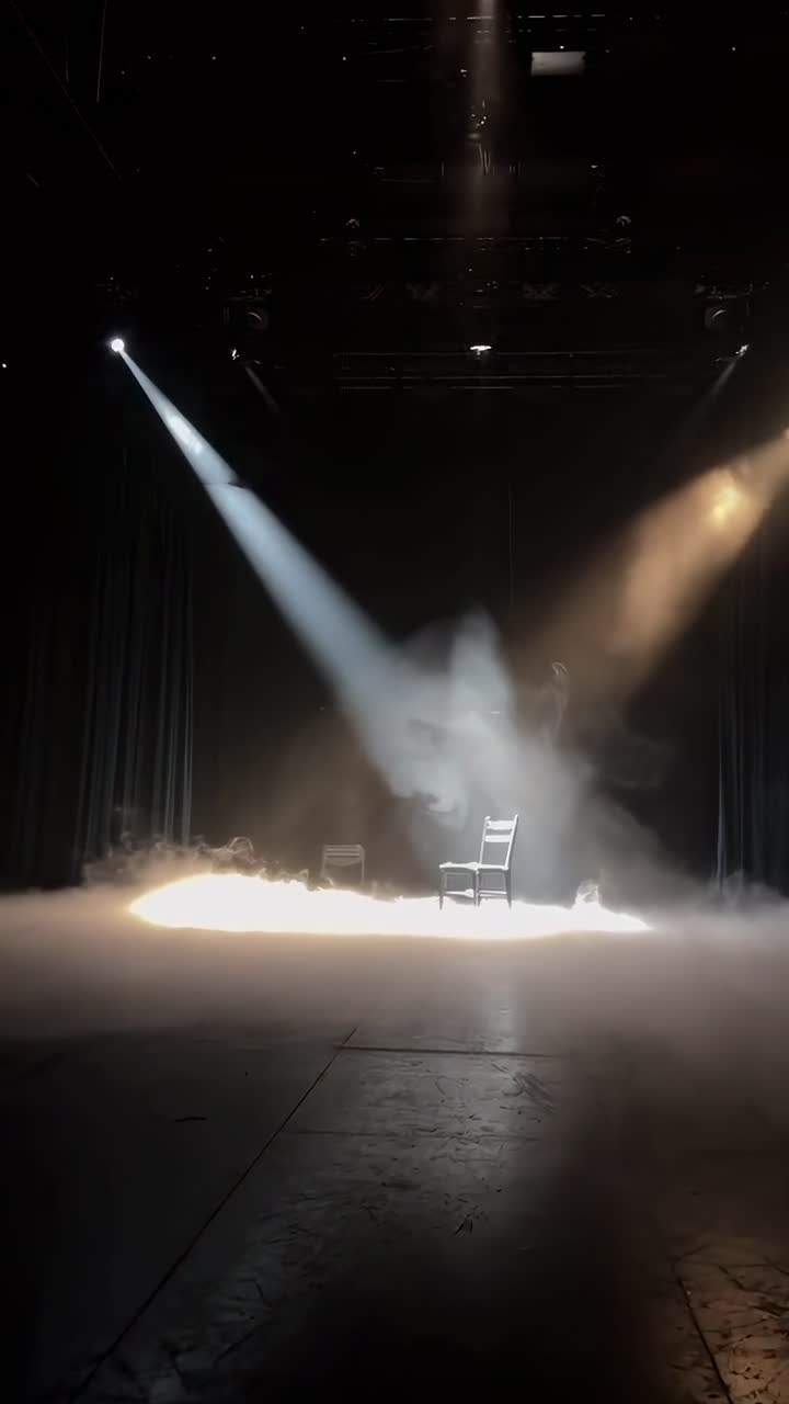 Dramatic stage video with a spotlight on an empty chair, captured from a low angle, Live mobile