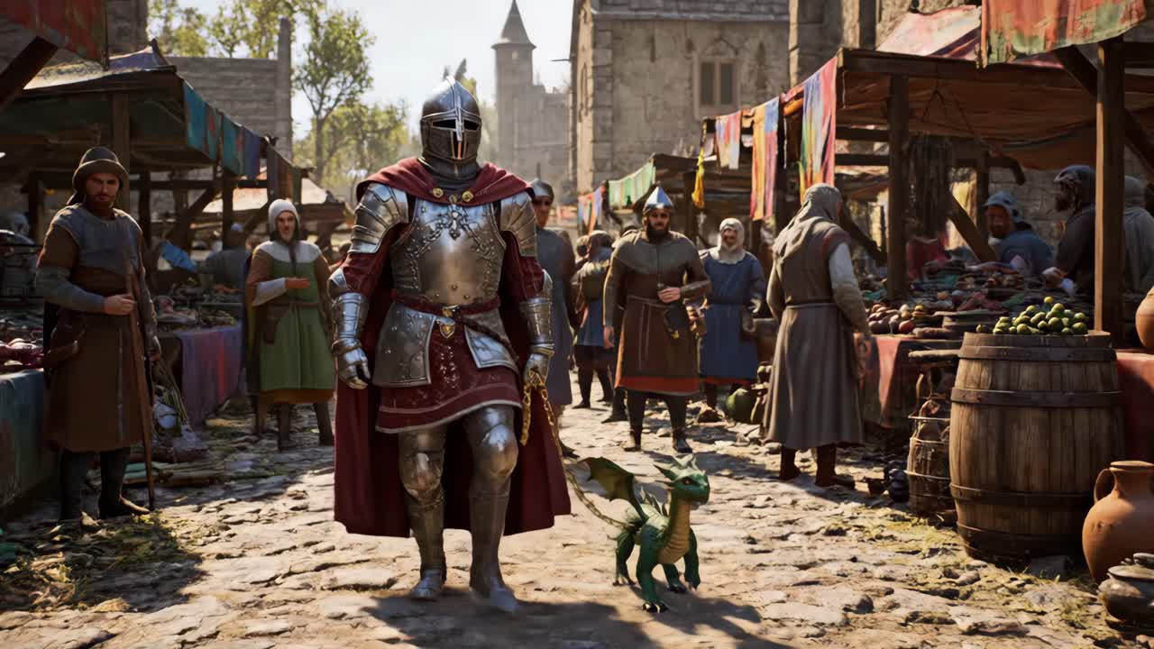 A knight walking a dragon through a medieval town market