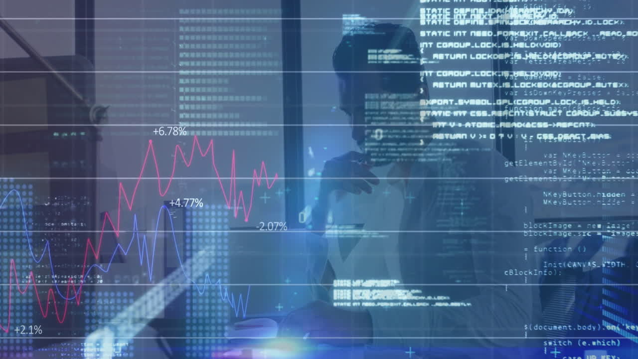 Animation of financial data processing over caucasian businessman taking notes