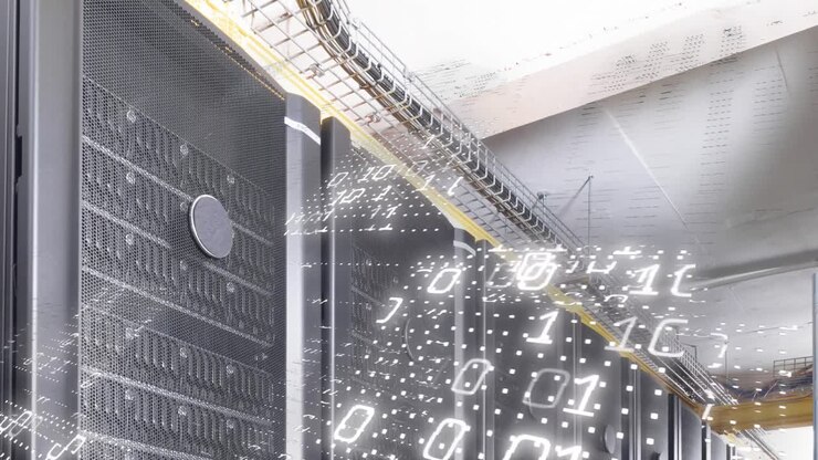 Animation of digital data processing over server room