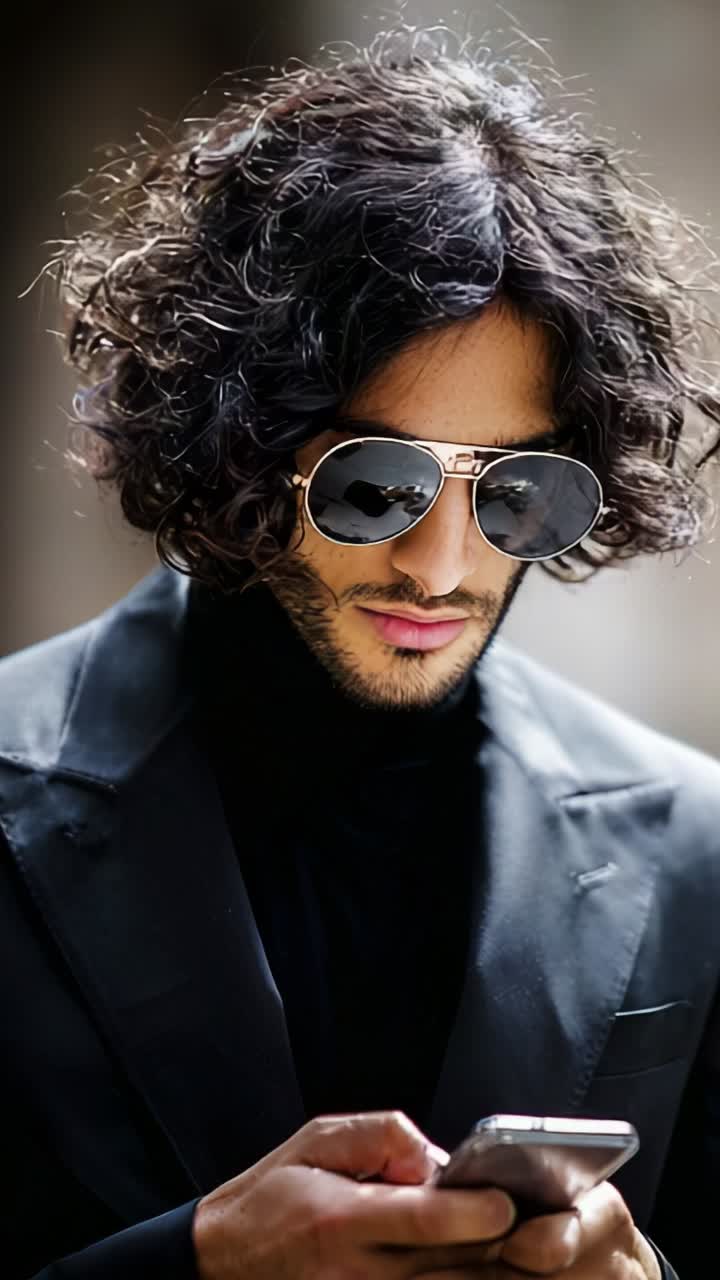 Stylish individual wearing sunglasses and black attire, intently focused on smartphone, showcasing a modern urban vibe and contemporary fashion choices