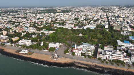 aerial video in pondicherry shows the biggest gandhi statue present in asia. the granite pillars of the statue was brought from gingee and the construction of the statue was completed in 1965 tamils