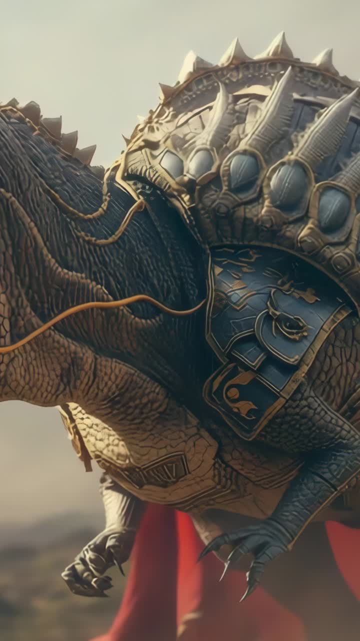 Vertical video: Revealing scaled creature wearing metal armor on dusty plain, crimson cloth swaying