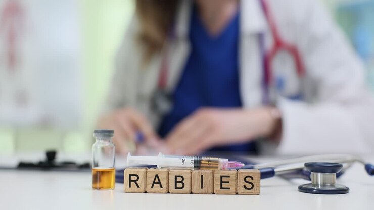 Word rabies on blocks by vaccine and stethoscope on doctor desk