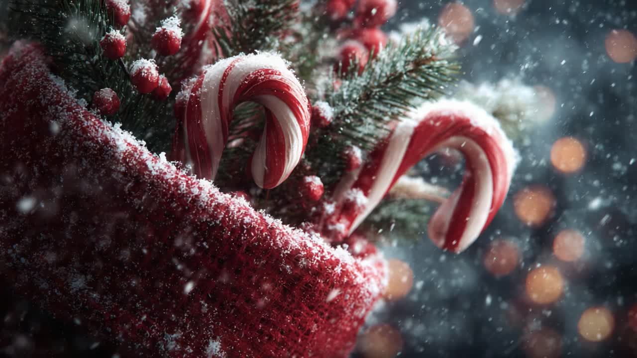 A festive close-up of a cozy winter scene featuring candy canes nestled among frosted greenery, evoking the warmth and joy of the holiday season