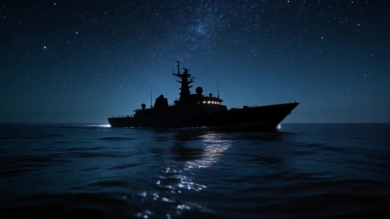 Telecamera in movimento che filma una nave militare che attraversa un mare calmo durante un transito notturno, con le luci del ponte che si riflettono.