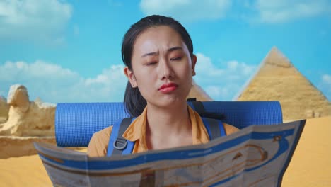 close up of asian female hiker with mountaineering backpack looking at the map then thinking while traveling in pyramid of giza