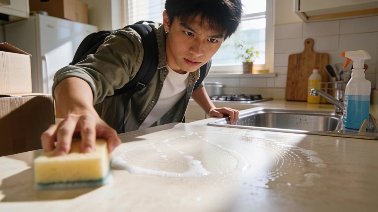 引っ越し後、オリーブ色のシャツを着てバックパックを背負った男性が、スポンジで石鹸だらけのキッチンカウンターをゴシゴシと掃除している