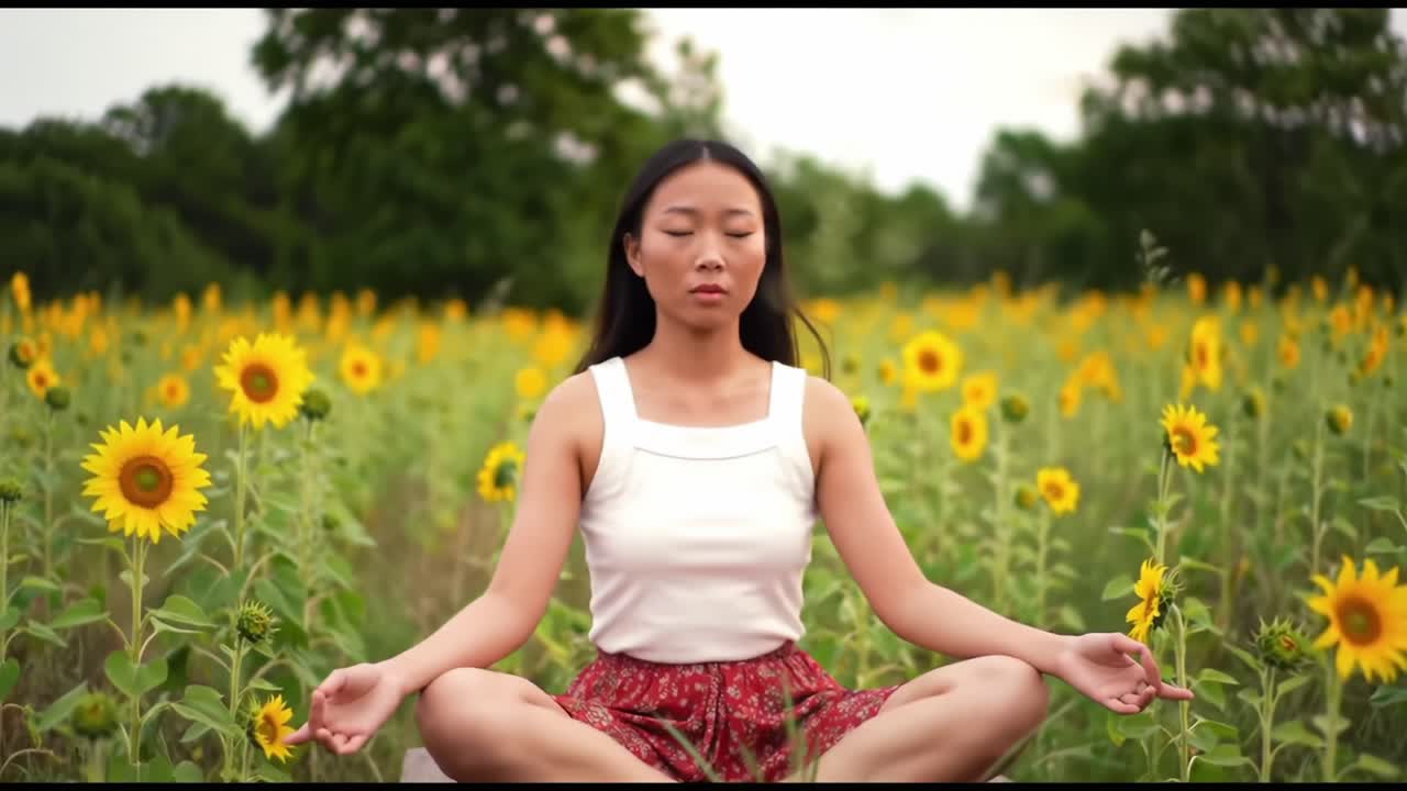 A Serene Moment of Meditation in a Sunflower Field: Embracing Nature's Beauty and Inner Peace Through Mindfulness and Tranquility