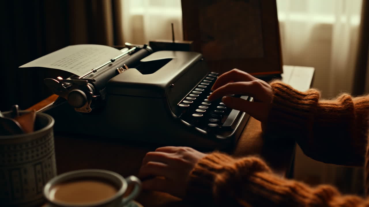 Hvid kvinde taster på en vintage skrivemaskine, strikkede sweaterærmer og varmt vindueslys, kop kaffe