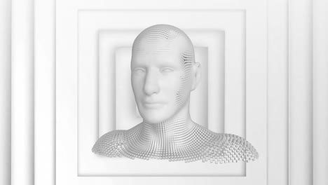 animation of human bust formed with grey particles on white squares in background