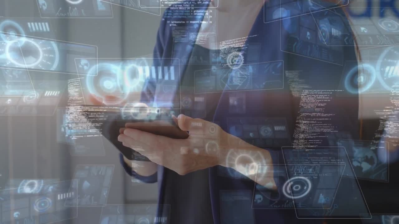 animación de datos digitales sobre una mujer usando una tableta