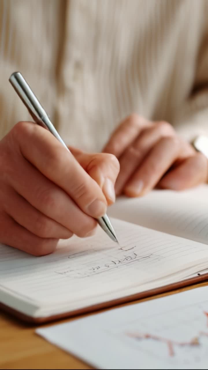 Focused hands writing notes and sketches in a notebook with a silver pen, showcasing the creative process and dedication to ideas and inspiration on a workspace