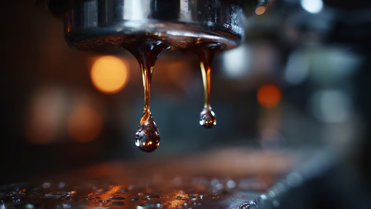 Primo piano di un espresso che gocciola: un affascinante viaggio dalle ricche gocce ai rivoli vellutati in un processo di preparazione del caffè che cattura il movimento dei fluidi e la precisione