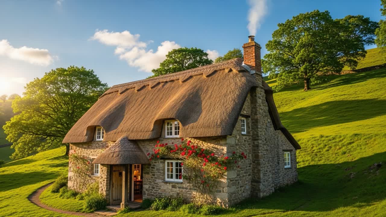 Charming Thatched Cottage Nestled in Lush Green Hills with a Warm Glow from the Sun, Surrounded by Vibrant Trees and Flourishing Nature