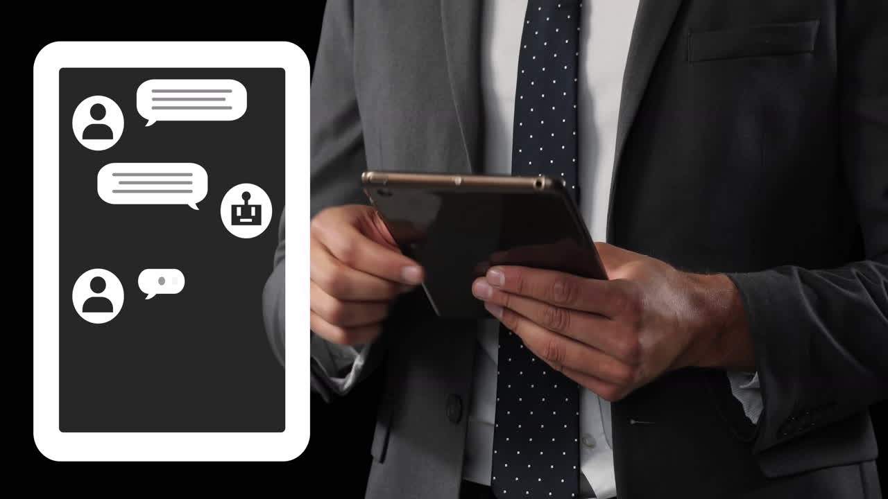 animación de ai texto, iconos y procesamiento de datos sobre hombre caucásico usando tableta