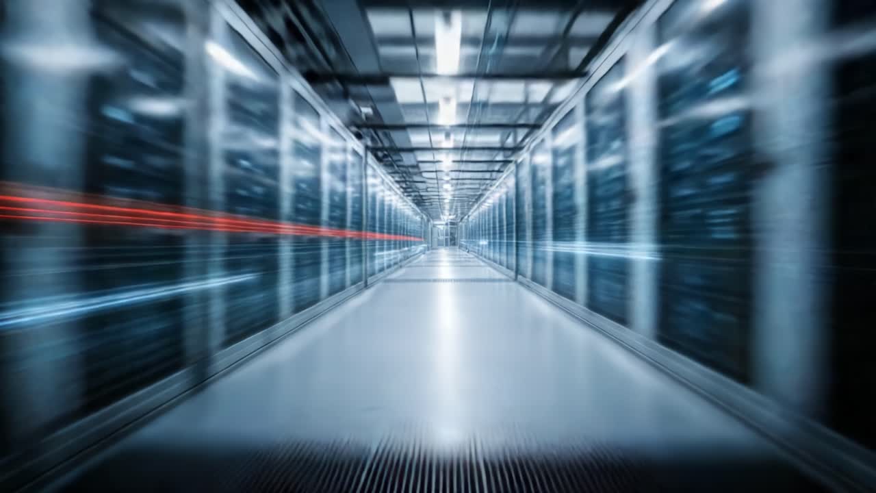 Una prospettiva futuristica di un corridoio di data center ad alta tecnologia che mostra rack server avanzati e scie luminose dinamiche in un ambiente digitale frenetico