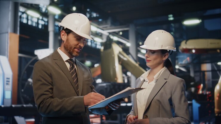 Factory boss making deal shaking hands with woman engineer in helmet close up.